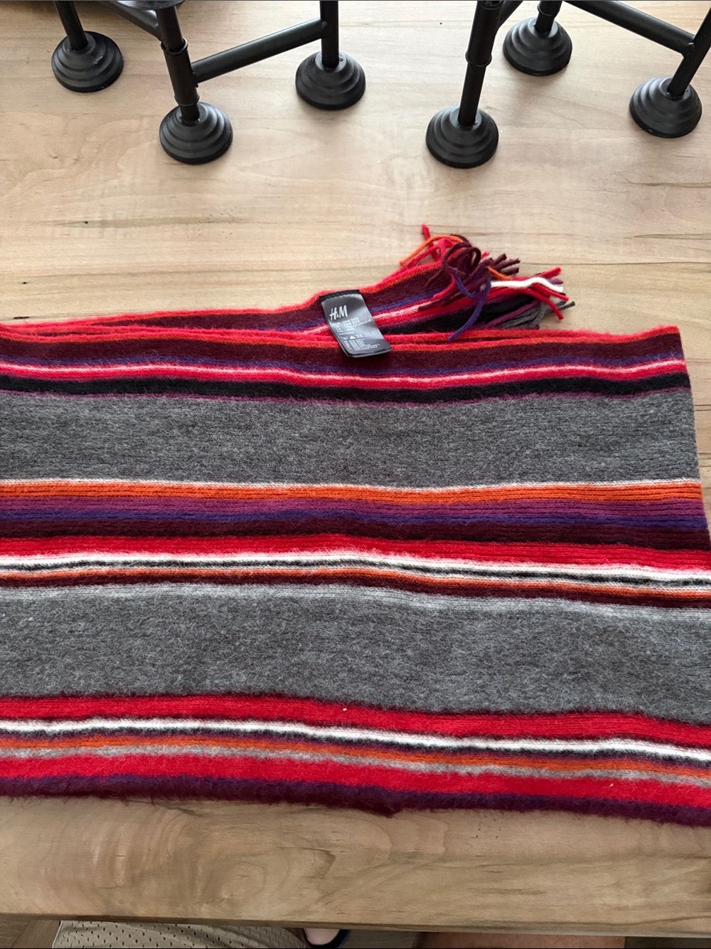H&M Gray Striped Scarf with Red, Purple & Orange Accents